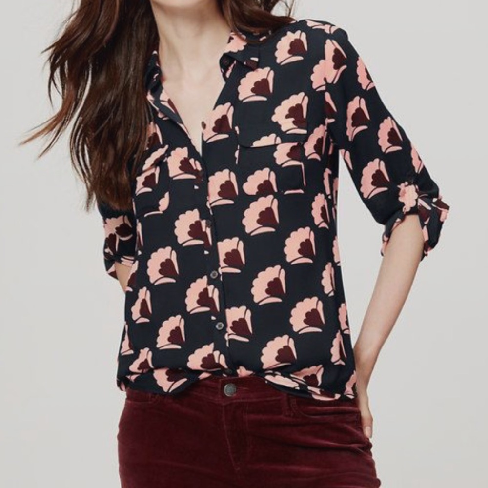 LOFT Blue and Pink Button Down Shirt with Notched Collar